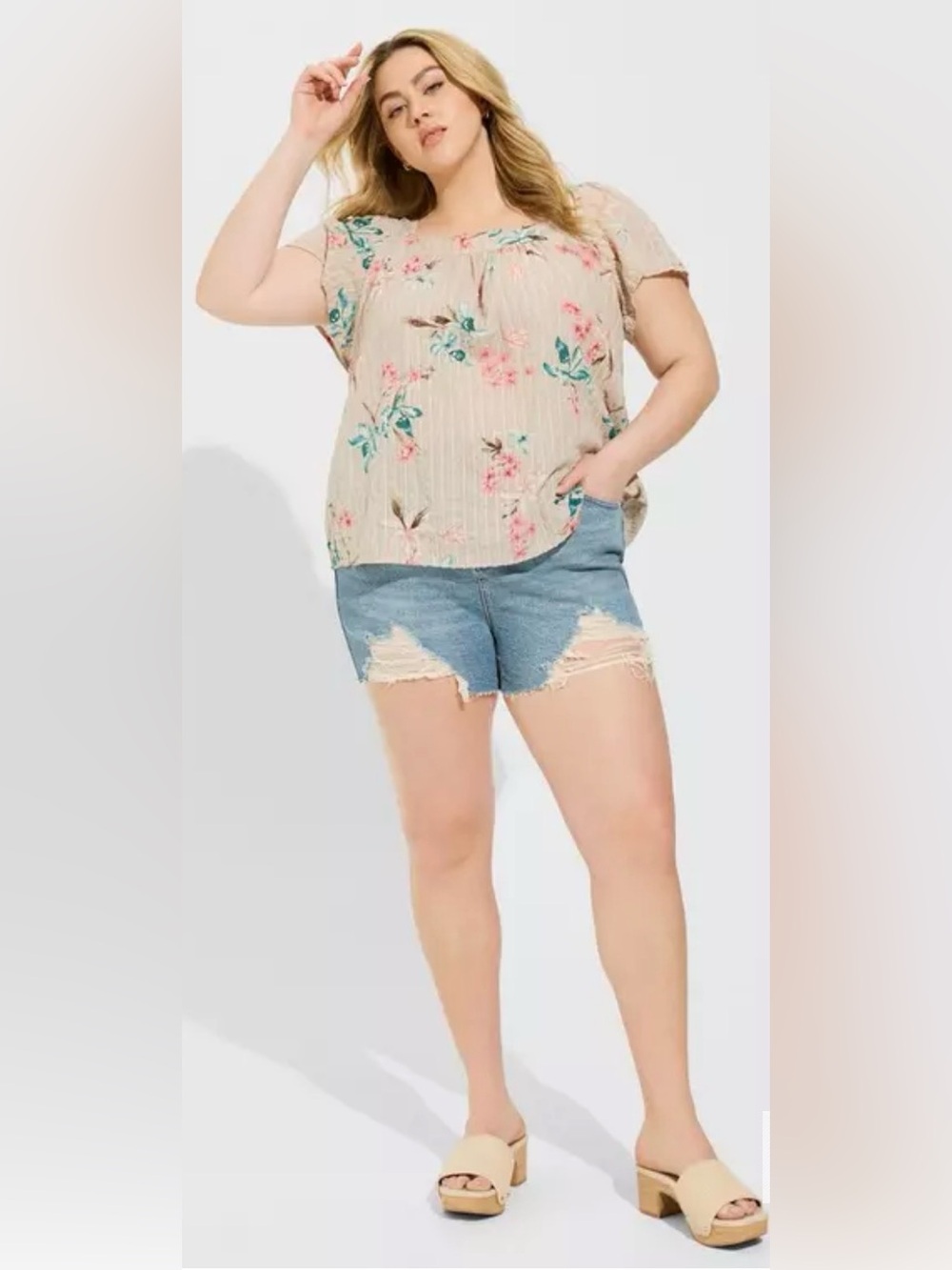 Torrid Floral Pleated Short Sleeve Blouse - Beige with Pink & Teal Flowers